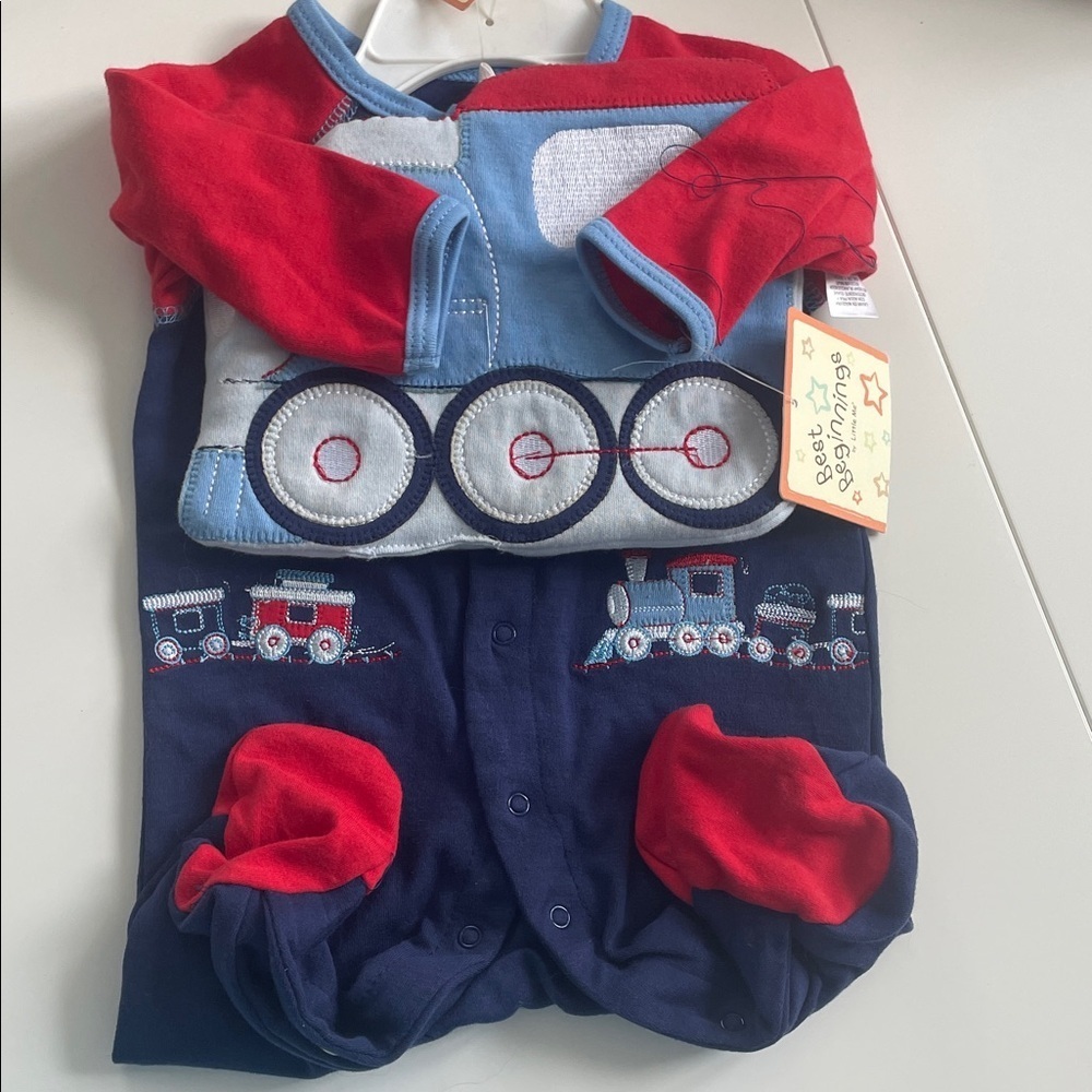Red and Blue Train-Themed Baby Onesie